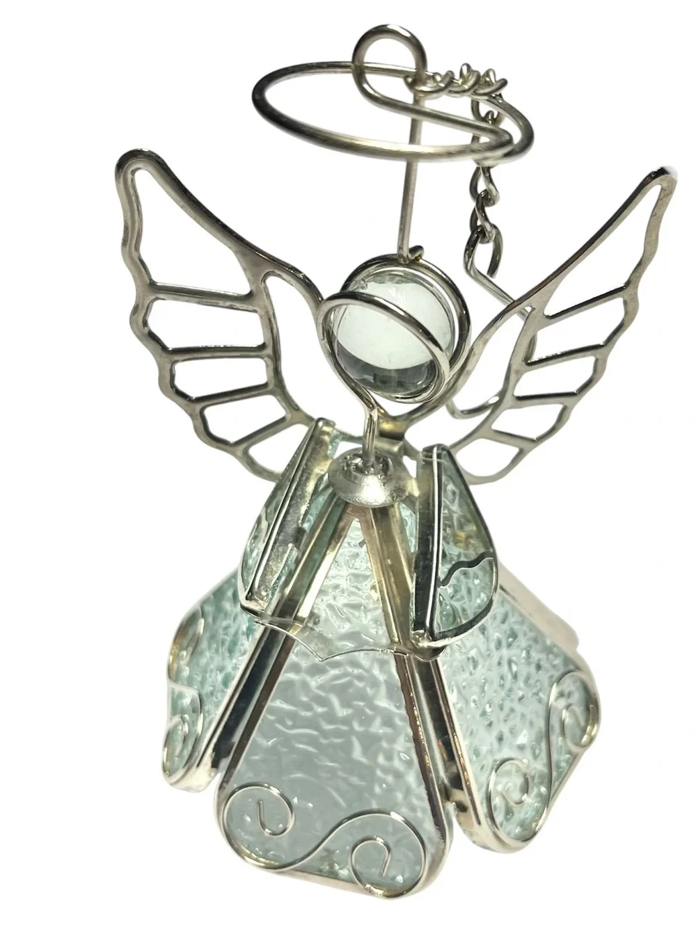 Vtg Silver Textured Glass Chior Angel Christmas Ornament Singing 4”+Hanger/chain